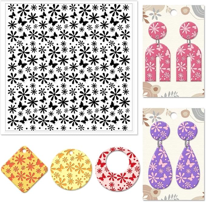 CHGCRAFT Daisy Polymer Clay Texture Sheets Butterfly Silicone Texture Stamp Clay Texture Mat Flower Modeling Pattern Pad Texture Sheets for Polymer Clay Jewelry and Clay Earrings Tools