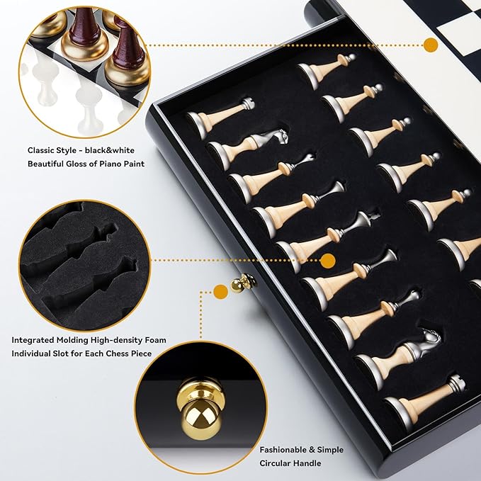 AMEROUS 16 Inches Wooden Chess Set, Large Size Board with 2 Built-in Storage Drawers - 2 Extra Queens - Metallic & Wooden Chess Pieces - Gift Packaging, Board Games for Adults and Kids