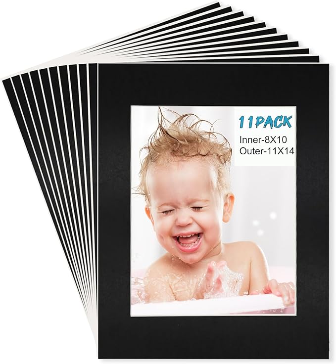 Egofine 11x14 Black Picture Mats Pack of 11, Frame Mattes for 8x10 Pictures, Acid Free, 1.2mm Thickness, with Core Bevel Cut
