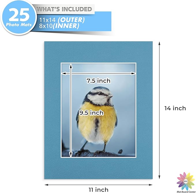Mat Board Center, Pack of 25, 11x14 for 8x10 Mixed Color Mats - Acid Free, 4-ply Thickness, White Core - for Pictures, Photos, Framing