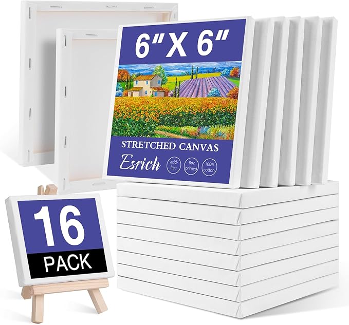 ESRICH Small Stretched Canvas for Painting 6x6 inch, 2/5''Profile Art Primed 16 Pack Canvases for Painting, Cotton Small Professional Blank Paint Canvas for Kids and Art Supplies, for Acrylics, Oils.