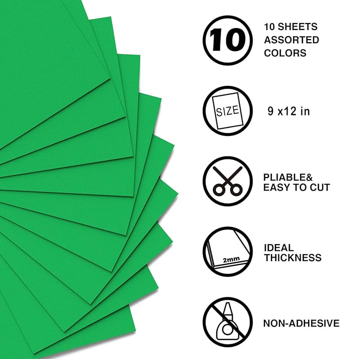 MEARCOOH Green Foam Sheets Crafts 9x12 Inch 2mm Eva Color Craft Foam Paper for Crafts Project Preschoolers Classroom Scrapbooking DIY Cosplay(10 Sheets)