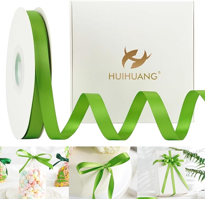 HUIHUANG Lime Green Satin Ribbon 1/2 inch X 50 Yards Continuous, Kiwi Green Double-Faced Satin Ribbon for Gift Wrapping, Bows, DIY Crafts, Flower Bouquet, Wedding Decor, Christmas Decoration