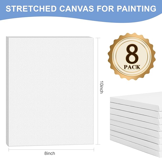 FUMILE Stretched Canvas for Painting, 8 Pack 8x10 Canvas 5/8 Inch Profile Primed White Blank Canvases for Painting for Oil, Acrylic & Other Art Painting Media.