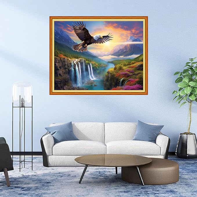 DMCVIVR Stamped Cross Stitch Kits for Adults Beginners Embroidery Kits 11CT Needlepoint Kits Cross Stitch Patterns Embroidery Patterns& Eagle Waterfall Scenery 16x20 inch