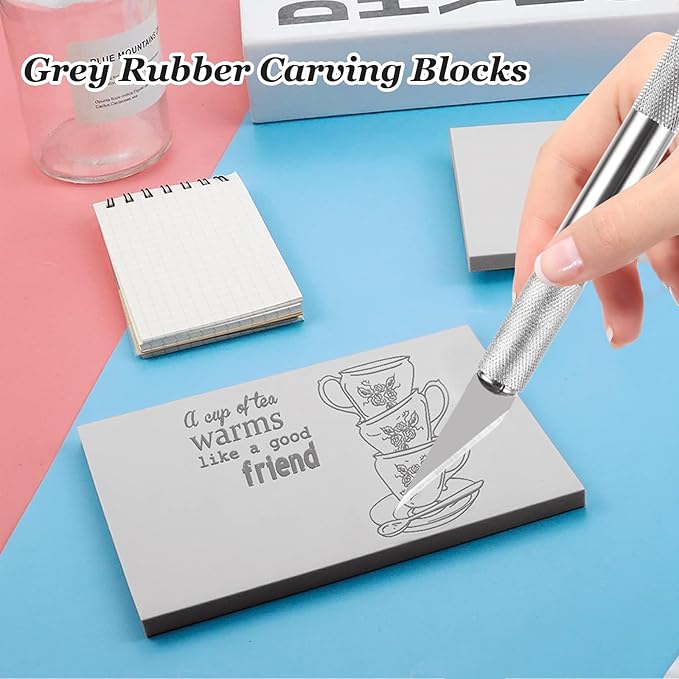 20 Pcs Linoleum Blocks for Printmaking 4x6 - Rubber Carving Block - Printmaking Supplies with Carving Knife, Soft and Easy to Carve, Gray
