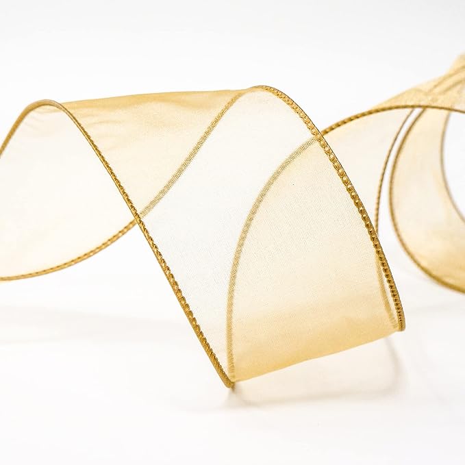 CT CRAFT LLC Sheer Organza Wired Ribbon 2.5" x 50Yards Tan (Gold) for Wedding Chair Bow Flora Bouquet Gift Wrapping Christmas Tree Home Decor Wreath