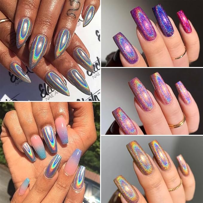 10 Colors Holographic Nail Powder, Holo Aurora Iridescent Metallic Mirror Laser Effect Chrome Pigment Glitter Dust for Salon Home Nail Art DIY Decorations