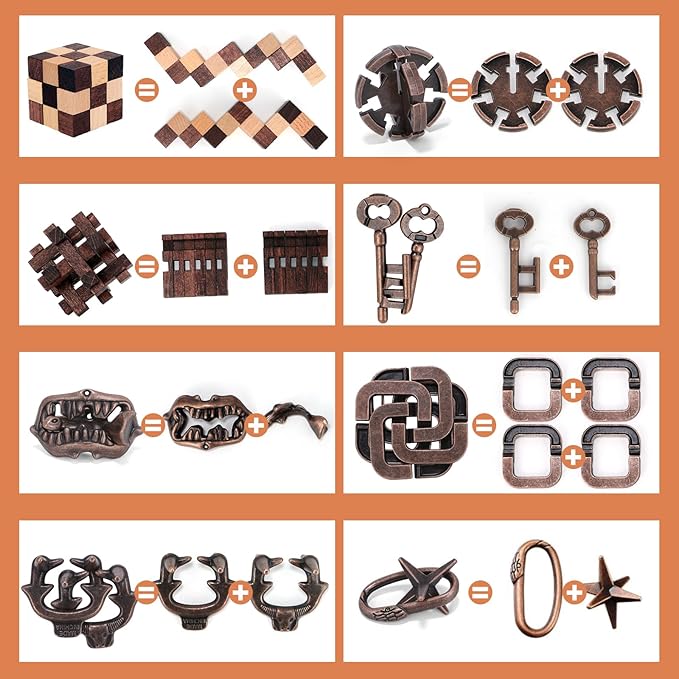8 Pcs Brain Teaser Puzzles for Adults Teens - Wooden Puzzles 3D Puzzle Game Toys for Adults Teens - Metal Unlock Interlocking Puzzle Adult IQ Education Smart Toys