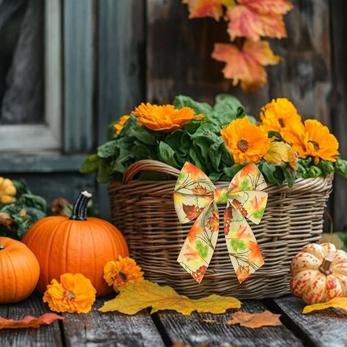 Threetols 2 Rolls 10 Yards Fall Wired Edge Ribbons, 2.5inch Orange Plaid Burlap Ribbon, Autumn Maple Leaves Ribbon for Harvest Thanksgiving Party DIY Craft Fall Wreath Bow Decor