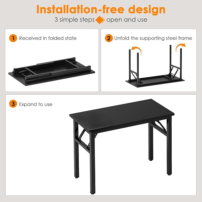 Need 31.5 Inch Folding Computer Desk for Small Spaces, Black Study Foldable Writing Table for Home Office, Bedroom, Dorm Room & Student, No Assembly