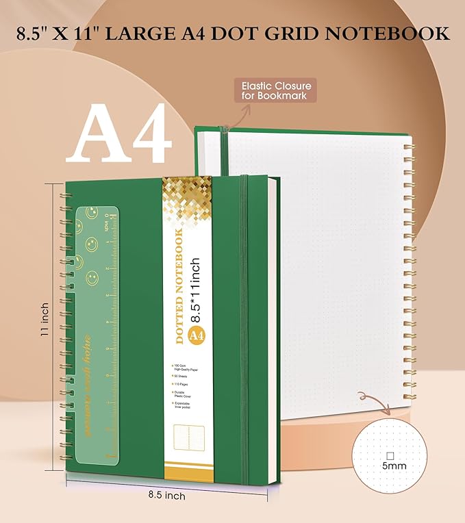 Dotted Notebook, Spiral Notebook Journal 8.5” x 11”, A4 Large Dot Grid Notebooks for Women Men, 100 GSM Dotted Paper, Plastic Hardcover Spiral Bullet Journals for Work School Sketching, Green