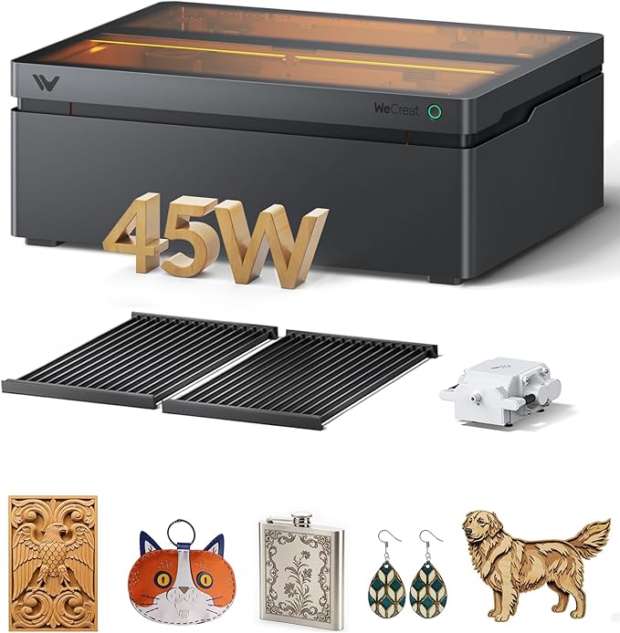 WECREAT Vision Pro 45W Laser Cutter and Engraver with Air Assist, HD Camera & Auto-Lifting, Laser Cutter Cuts 1” Wood, Full Enclosure Laser Engraving Machine for Wood and Metal, Acrylic, Leather etc