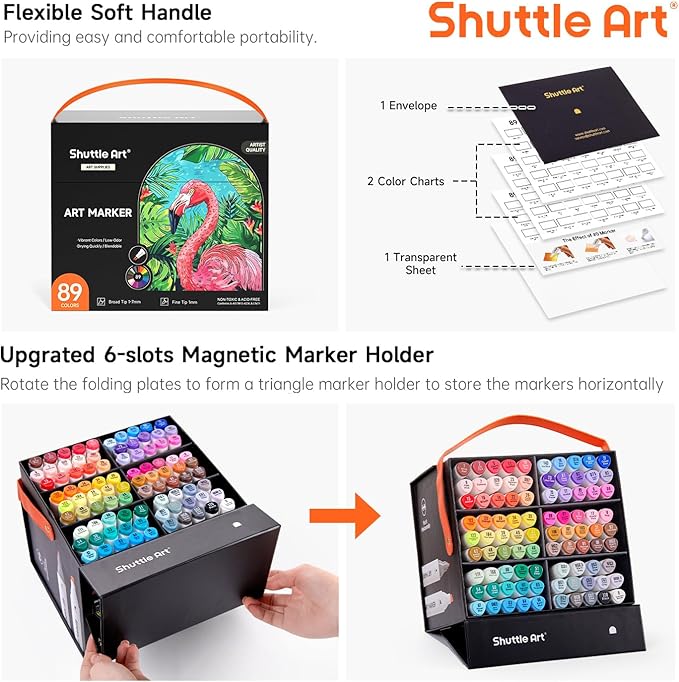 Shuttle Art 89 Colors Alcohol Markers, 88 Colors Dual Tip Art Marker Set Plus 1 Colorless Blender with Marker Case Perfect for Illustration Students Adult Coloring Sketching