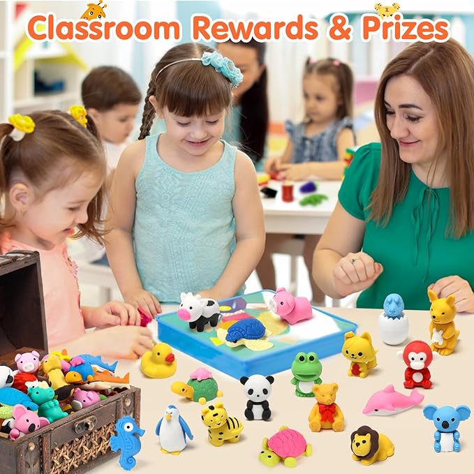 34 Pack Animal Pencil Erasers for Kids, 3D Mini Puzzle Take Apart Erasers, Desk Pets & Treasure Box Toys, Bulk Party Favors, Classroom Prizes, School Supplies, Gift for Boys & Girls
