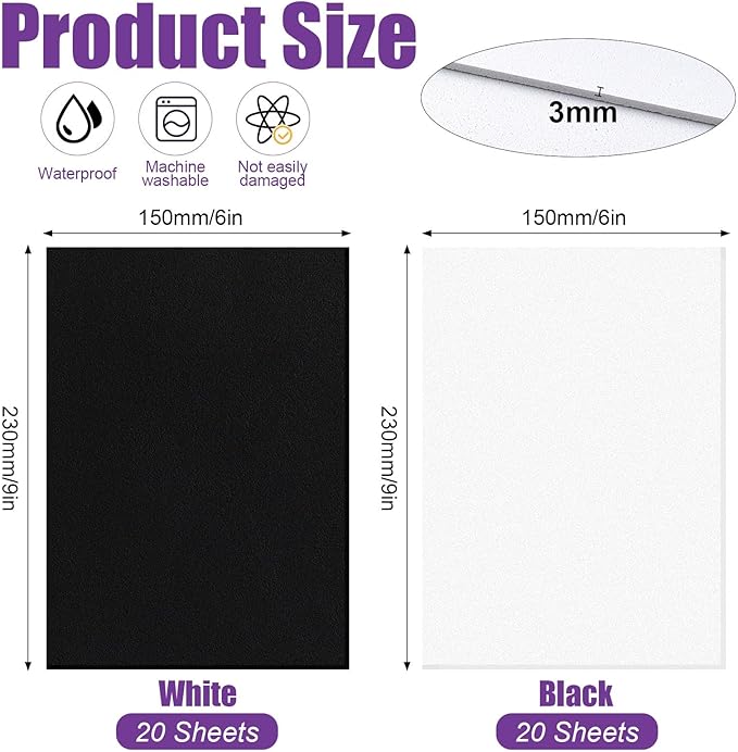 Akamino 40 Pcs 3mm Embroidery Puffy Foam, 6 x 9 Inch EVA Foam Sheets for 3D Embroidery Arts and Crafts, Craft Foam for Cosplay Costume, Hand Sewing, Embroidery Machine, DIY Projects (Black, White)