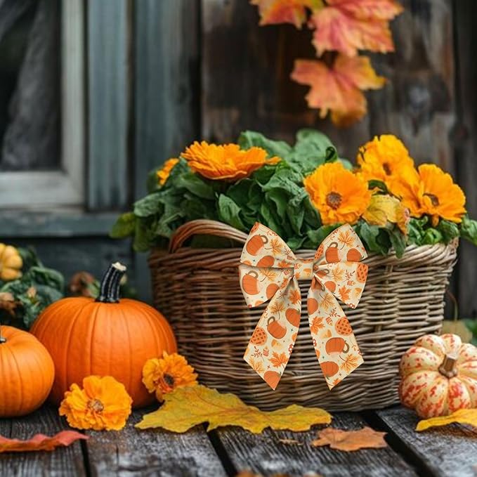 Threetols 2 Rolls 10 Yards Fall Wired Edge Ribbons, 2.5inch Orange Plaid Burlap Ribbon, Autumn Leaves Pumpkin Ribbon for Harvest Thanksgiving Party DIY Craft Fall Wreath Bow Decor