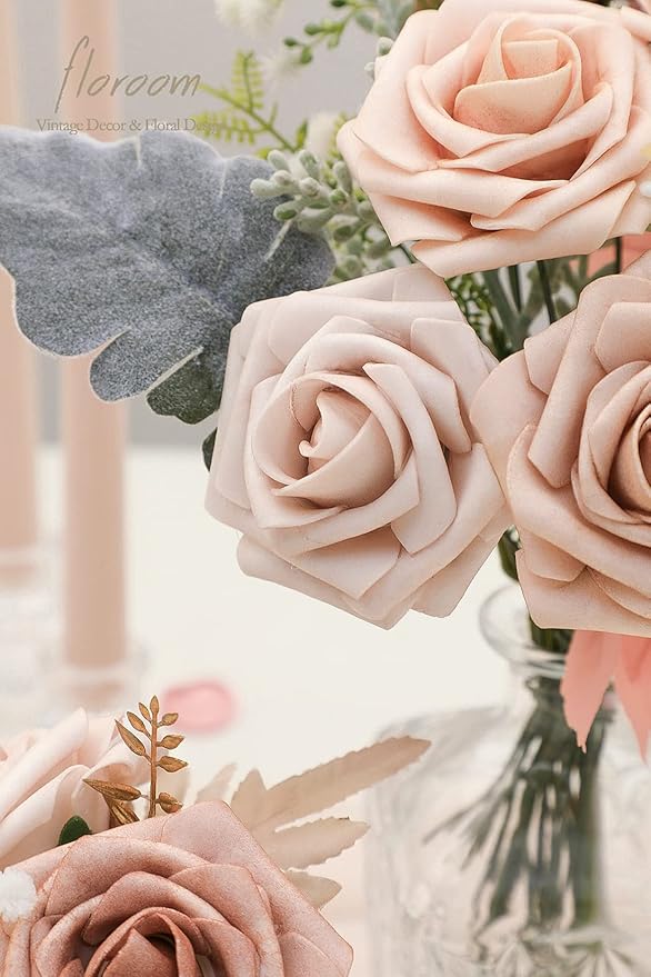 Floroom Artificial Flowers 25pcs Real Looking Nude Foam Fake Roses with Stems for DIY Wedding Bouquets Bridal Shower Centerpieces Floral Arrangements Party Tables Home Decorations