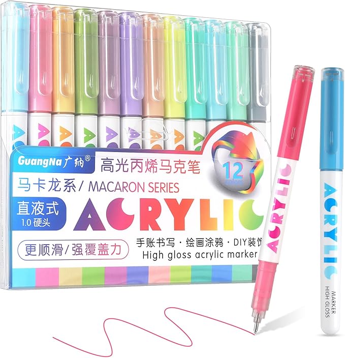 kander Direct Liquid Highlighter Acrylic Marker, 12 Colors Gel Pens with Bullet Tip, Strong Coverage, Large Ink Capacity, Multi-Purpose Paint Pens for Rock Painting, Crafts, DIY, Art Supplies