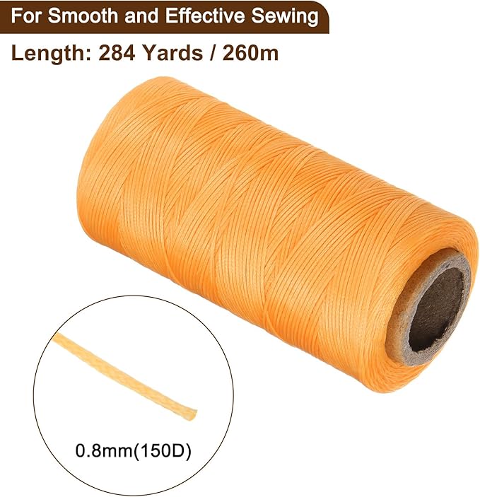 uxcell Leather Sewing Waxed Thread, 284 Yards / 260m 0.8mm 150D Flat Polyester All-Purpose Threads for Leather Crafts, Bookbinding, Apricot Gold