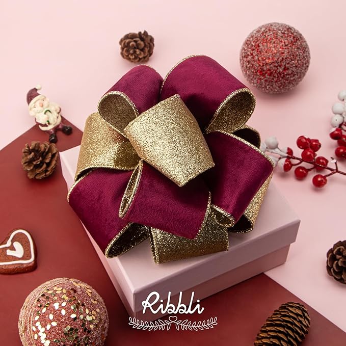 Ribbli Burgundy Velvet Wired Ribbon 2.5 Inch Burgundy Velvet with Gold Glitter Christmas Ribbon for Christmas Tree Decoration Big Bow Gift Wrapping Crafts Wreaths Supplies- 10 Yards