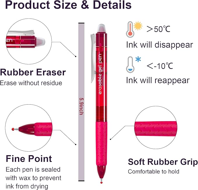 Erasable Gel Pens, 26 Colors Retractable Erasable Pens Clicker, Fine Point, Make Mistakes Disappear, Assorted Color Inks for Drawing Writing Planner and Crossword Puzzles