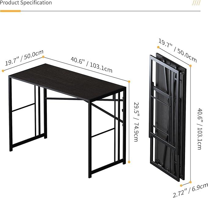 Folding Desk 40 inch Writing Gaming Computer Camping Desk, No Assembly Required Home Office Table, Black