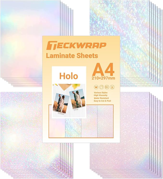 TECKWRAP Holographic Laminate Sheets for Stickers Self Adhesive Vinyl Laminating Sheets Holographic Sticker Paper Clear Vinyl for Inkjet Printer 8.26" x 11.69" A4 28 Sheets (Rainbow,Gem,Star, Sparkle)