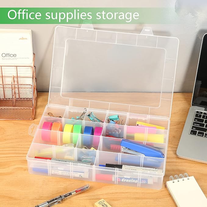 Large 24 Grids Plastic Organizer Box Adjustable Dividers,Clear Storage Box for Jewelry, Art DIY Crafts, Washi Tapes, Beads and Small Parts