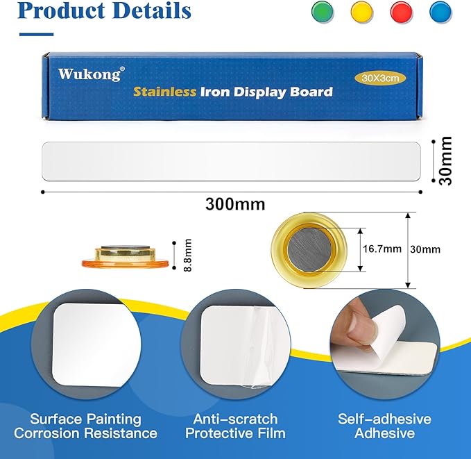 Wukong 10 Pack | 30x3cm(11.81 x 1.18) Magnetic Stainless White Boards Strips, Adhesive Backing Bulletin Bar Board, Memo Board with 32Pcs Colorful Magnets for Office, Home, Photo Wall, Documents