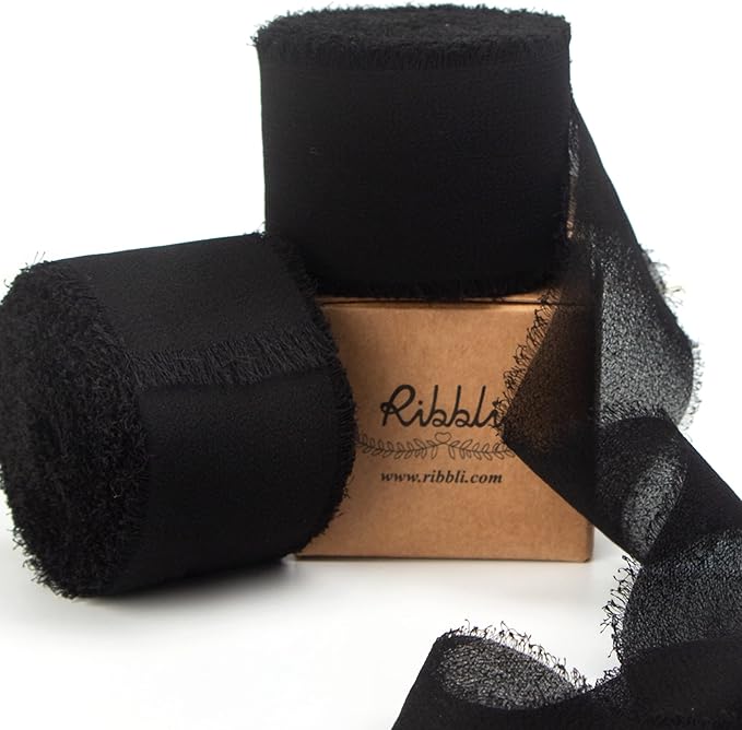 Ribbli Black Chiffon Ribbon 1-1/2 inch x 20 Yard Handmade Fringe Chiffon Silk Ribbon,Black Ribbon for Wedding Invitations, Bridal Bouquets Wrapping, Flower Arrangement Decoration