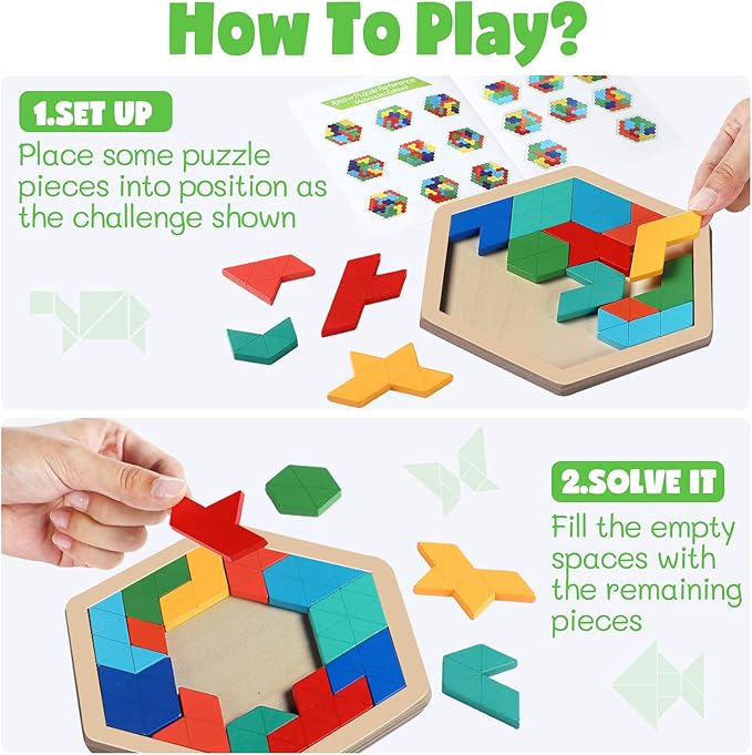 Yunsailing 3 Pack Hexagon Wooden Puzzle Wood Russian Blocks Tangram Puzzle Brain Teaser Puzzles Geometric Jigsaw Block Russian Blocks Logic IQ STEM Toy for All Ages Kid Adult (Fancy)