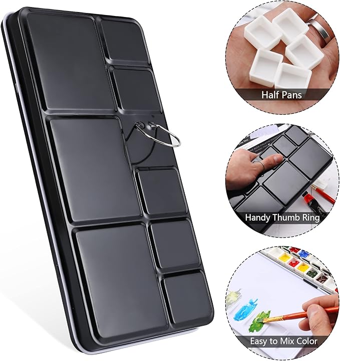 LOONENG Empty Watercolor Palette, Metal Watercolor Tin with Fold-Out Palette, Large Watercolor Tray Palette with 52 Empty Watercolor Half Pans for Plein Air Painting, Acrylic and Oil Painting