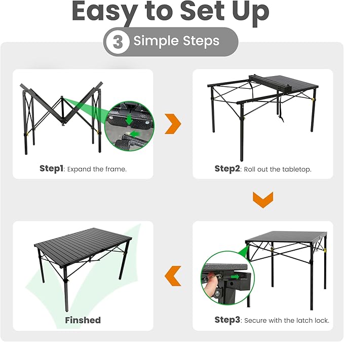 Portable Outdoor Camping Table Large for 2-6 Person - Foldable Camp Table with Aluminum Roll-Up Top & Carry Bag for BBQ, Tailgating, Backyard, 220 Lbs Capacity, Stable & Sturdy (Black)