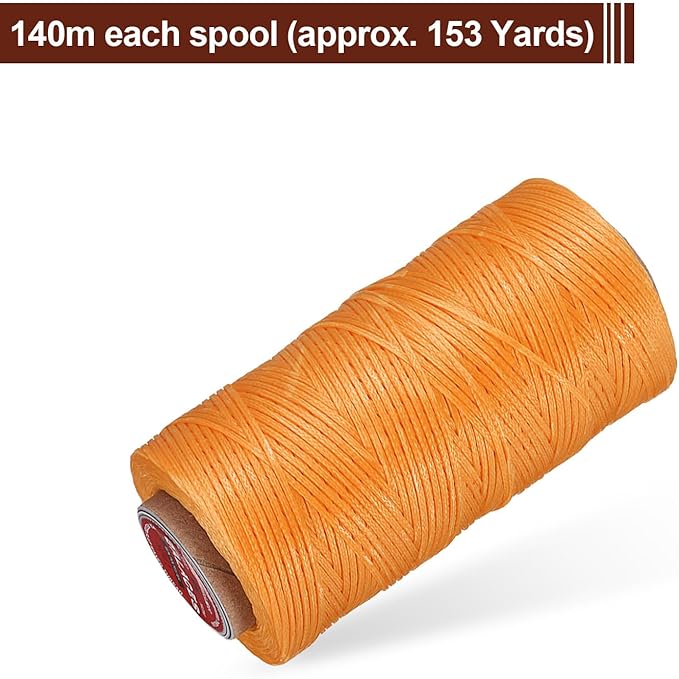 uxcell Flat Leather Sewing Waxed Thread, 140m / 153 Yards Polyester Wax String, 300D Wax Stitching Cord for Leather Crafts, Bookbinding, Bracelets Braided, Orange