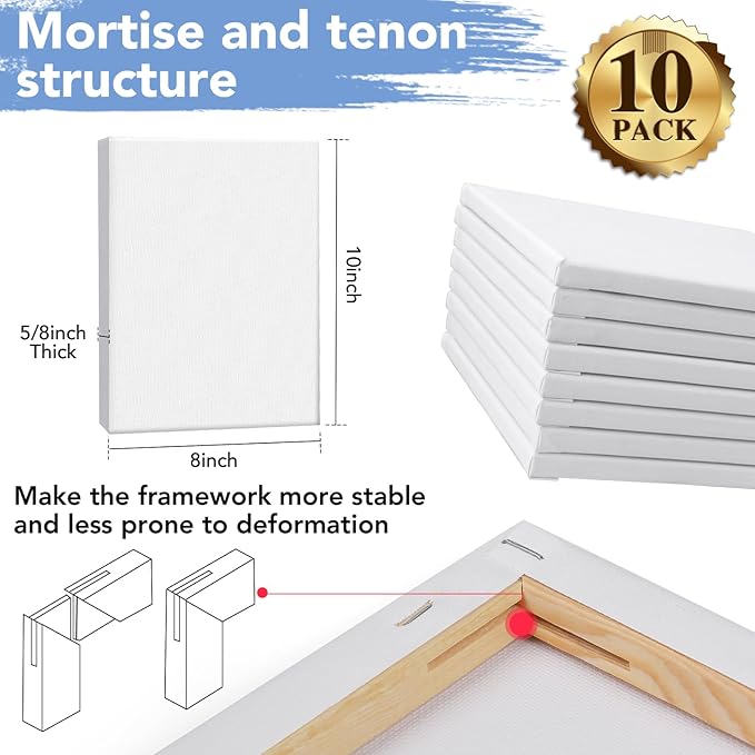 ESRICH Stretched Canvases for Painting 8x10, 10 Pack 8x10 Canvas Value Pack,Primed Acid-Free Cotton Blank Canvas, Paint Canvases for Oil & Acrylic Paint.