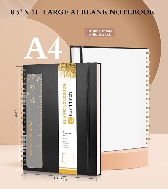 Blank Spiral Notebook Journal 8.5” x 11”, A4 Large Sketch Book for Women Men, 100 GSM Blank Paper Drawing Notebook, Plastic Hardcover Spiral Bound Sketchbook for Sketching Work School Writing, Black