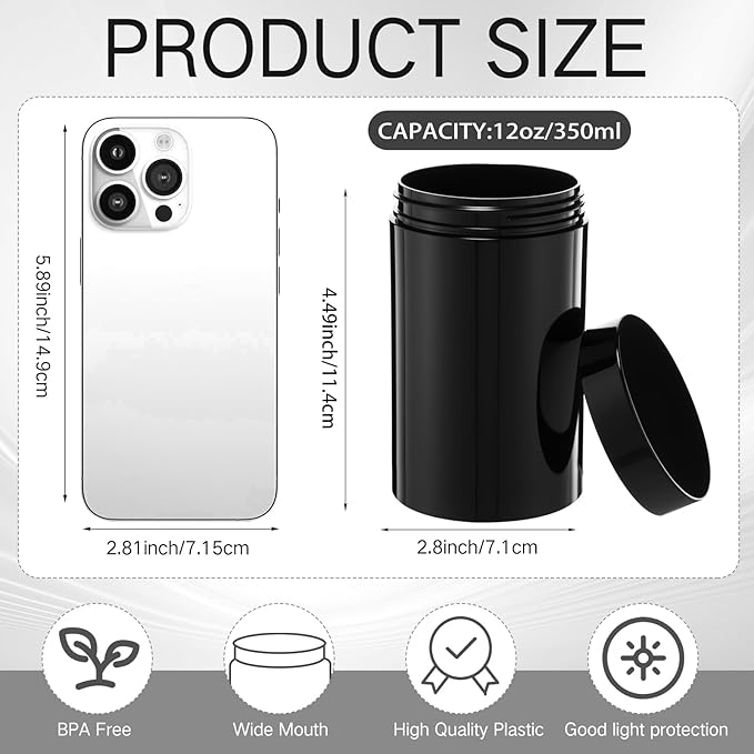 SATINIOR 12 Pack 12 oz Plastic Container Jars with Lids Round Clear Travel Cosmetic Container Slime Jar for Toiletries, Lotion, Cream, Ointment, Makeup, Rhinestone, Sample, Kitchen Storage(Pure Black)