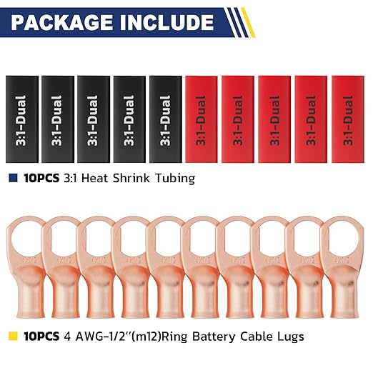 haisstronica 10pcs 4 AWG - 1/2" (M12) Battery Cable Lugs, Heavy Duty Copper Wire Lugs with 10pcs 3:1 Adhesive Heat Shrink Tubing, 4 Gauge Wire Connectors Battery Terminal Connector, Battery Cable Ends