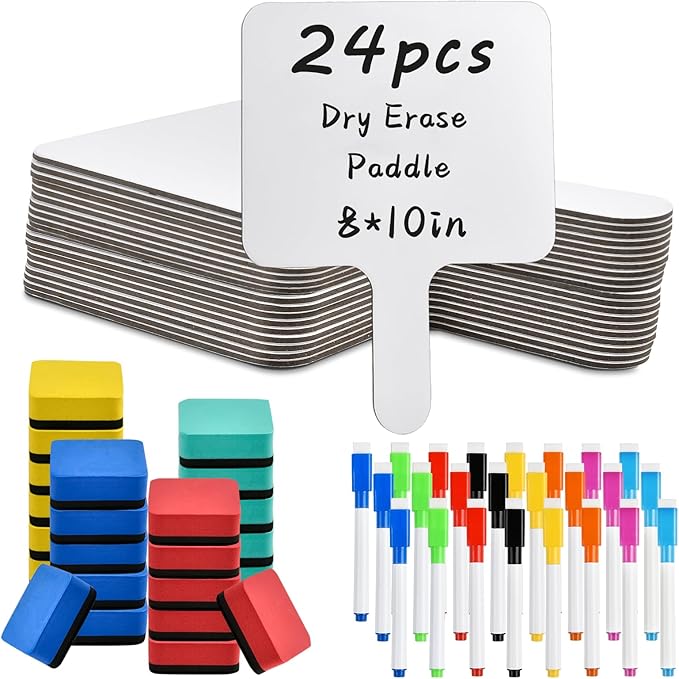 24 Pcs Dry Erase Answer Paddle, 10 x 8 Inch Auction Paddles with Markers and Erasers, Handheld White Board with Handle for Teaching Meeting Bidding Voting Games (Double Sided)