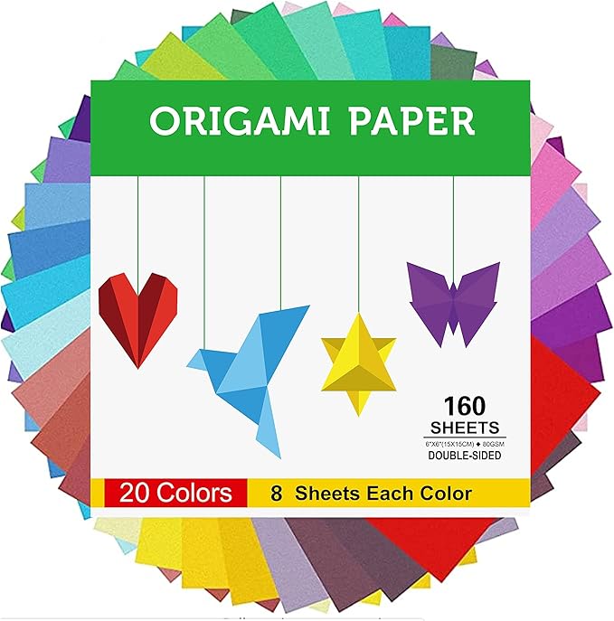 160 Sheets Origami Paper Double Sided for Arts & Crafts 20 Vivid Colors - 6 x 6 Inch Square Easy Fold Paper for Beginner