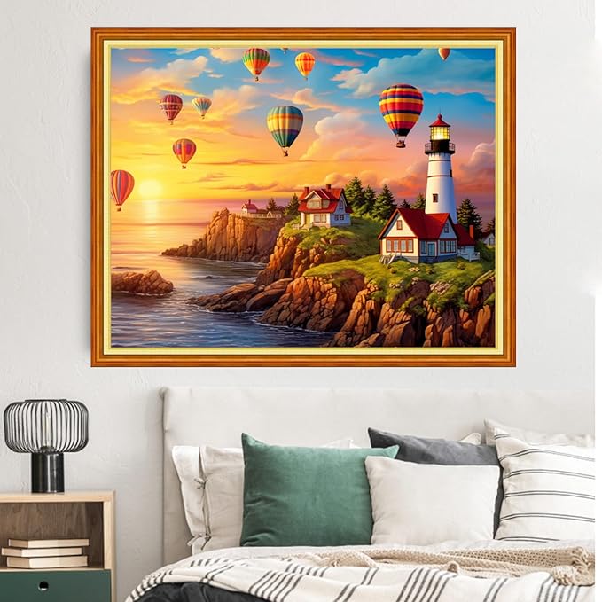 Dimxvean Stamped Cross Stitch Kits,Cross Stitch Kits for Adults Beginners,Embroidery Kits Full Range of Cross Stitch Stamped Kits Needlepoint Kits Cross Stitch Patterns-Seaside Lighthouse 16x20 inch