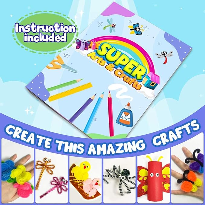 FUNZBO Arts and Crafts School Supplies for Kids -Kindergarten School Supplies Set with Glitter Glue Stick,Glue, Pipe Cleaners Craft and Kids' Scissor, Birthday Gifts for Girls Boys Age 4+