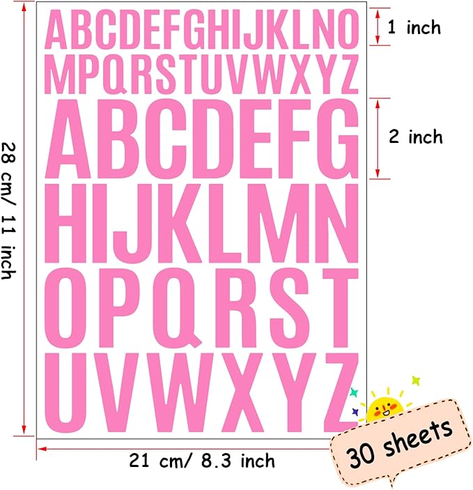 Bemeol Letter Stickers 1560 Pieces 30 Sheets Stick on Vinyl Letters Capital Alphabet Sticker Letter for Craft Bulletin Boards Classroom Home Business Decor(Pink,1 Inch,2 Inch)