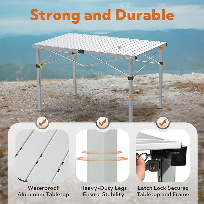 Large 46.4" Camping Table for 2-6 People - 220lbs Capacity Heavy Duty Foldable Outdoor Table with Aluminum Roll-Up Top & Carry Bag, Portable Picnic Desk for BBQ, Tailgating, Backyard (Silver)