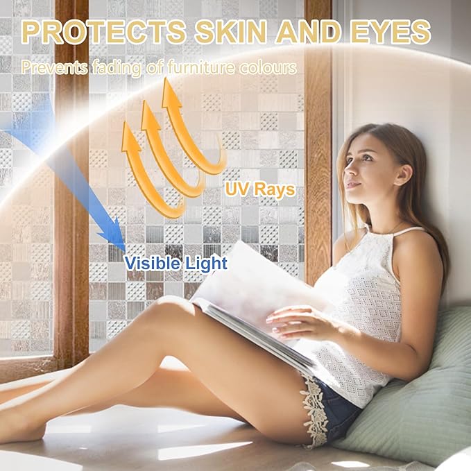 Window Privacy Film Decorative for Front Door, Bathroom Static Cling Stained Glass Sticker Opaque Heat Control UV Blocking Non-Adhesive for Home Windows,Cube