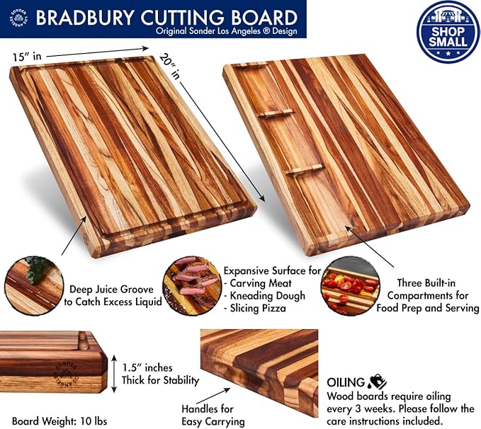 Sonder Los Angeles, XL Thick Teak Wood Cutting Board for Kitchen with Juice Groove, Sorting Compartments, Charcuterie Cheese Board 20x15x1.5 in (Gift Box Included)