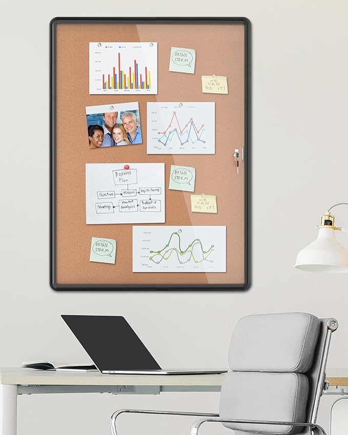 38"x28" Enclosed Bulletin Board, Lockable Weather-Resistant Aluminum Cork Noticeboard for School & Office, Black Frame w/Cork