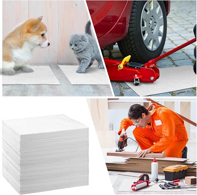 Hoolerry Oil Absorbent Pads Weight Dimpled Pad Garage Accessories Water Absorbent Mat Oil Spill Mat for Absorbing Protecting Home Garage Basement(13.5 x 17.5 Inch,White,100 Pcs)
