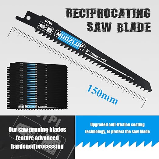 25Pack 6inch Reciprocating Saw Blades Set,6 TPI High Carbon Saw Blades,Woodcutting Saw Blades with Organizer Case (25, 6TPI/150mm)